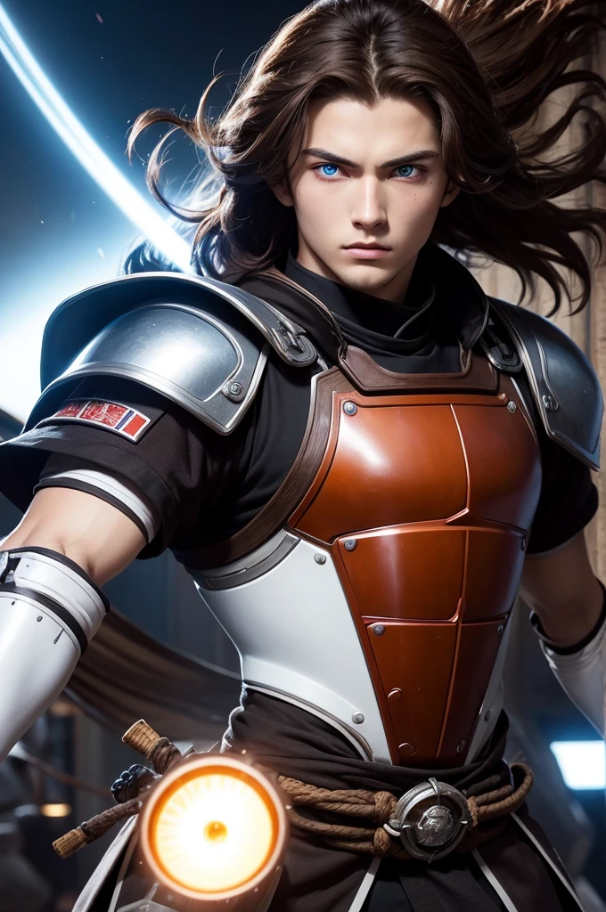 a 20 year old man, with big brown hair in the samurai style, eyes with ethereal chromia, one blue eye and one brown eye, with a robotic arm