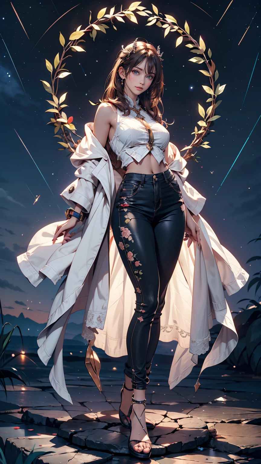 masterpiece, Beautiful Goddess of the Void, Full body transparent clothing standing under the stars at night sky, Transparent pants, Full body standing, Tall figures, Thin legs, Facial details, Body parts details, 8k wallpaper