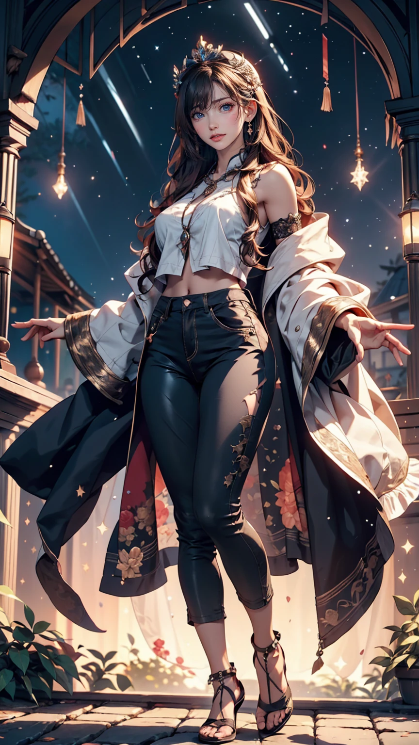masterpiece, Beautiful Goddess of the Void, Full body transparent clothing standing under the stars at night sky, Transparent pants, Full body standing, Tall figures, Thin legs, Facial details, Body parts details, 8k wallpaper