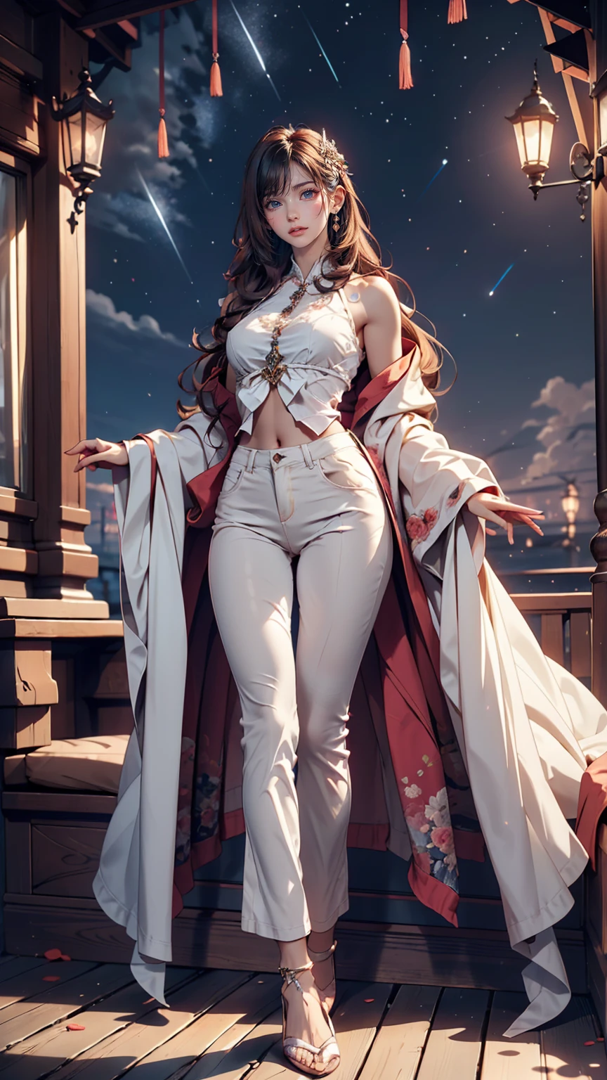 masterpiece, Beautiful Goddess of the Void, Full body transparent clothing standing under the stars at night sky, Transparent pants, Full body standing, Tall figures, Thin legs, Facial details, Body parts details, 8k wallpaper