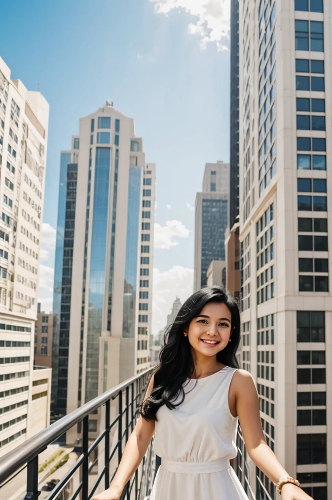 A girl balancing on a railing of a building with black hair in a simple white dress smiling with her hand stretched out in front of her as if she wanted to invite someone to join her, loose black hair