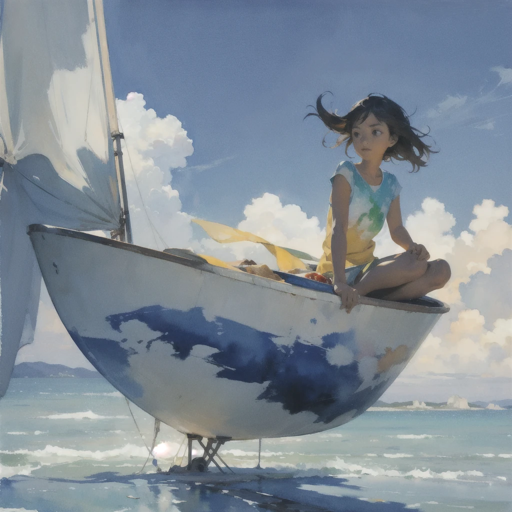 Tranquil voyager girl, Surrealism, Paint in watercolor style, Photorealism