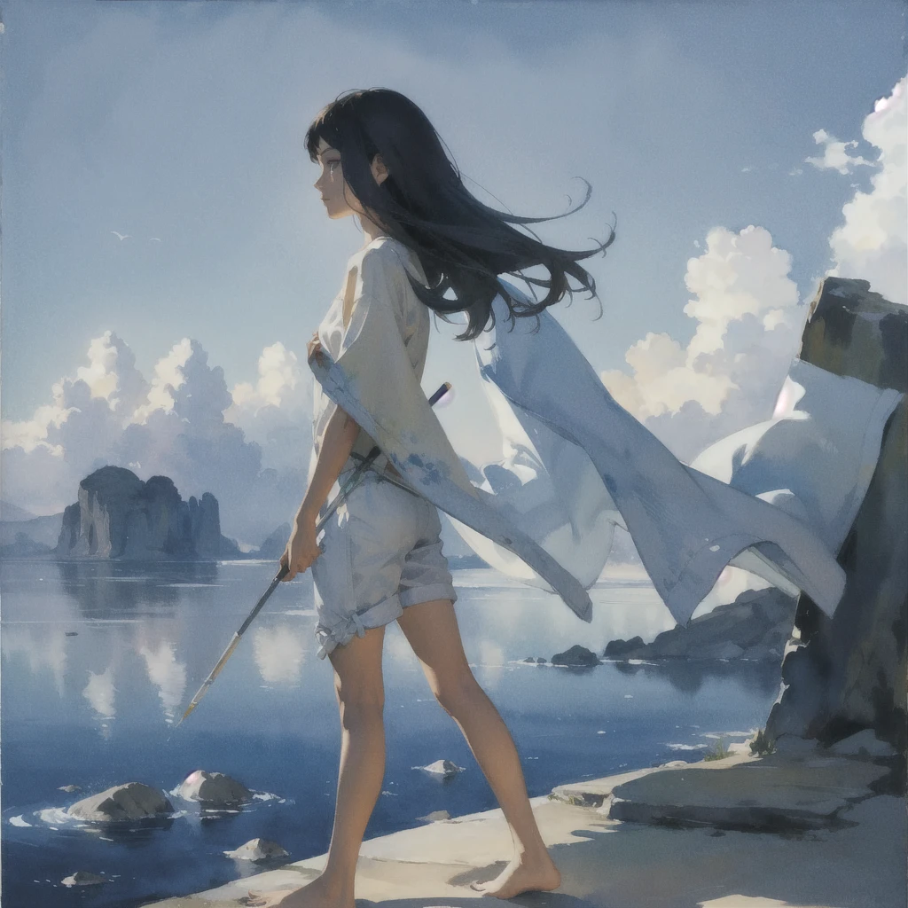 Tranquil voyager girl, Surrealism, Paint in watercolor style, Photorealism
