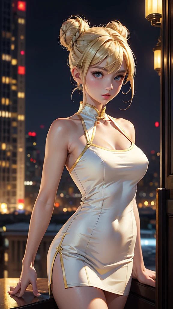 (masterpiece), (best quality), (detailed), light layer, 1solo girl, young girl, perfect body, blonde bun hairstyle , defined chest, defined collarbone, ultra realistic, photorealistic, detailed, ,Enhance, wearing a white and gold short cheongsam, cityscape at night background, arms behind head
