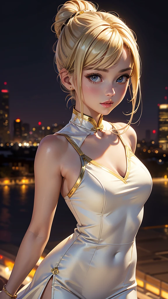 (masterpiece), (best quality), (detailed), light layer, 1solo girl, young girl, perfect body, blonde bun hairstyle , defined chest, defined collarbone, ultra realistic, photorealistic, detailed, ,Enhance, wearing a white and gold short cheongsam, cityscape at night background, arms behind head