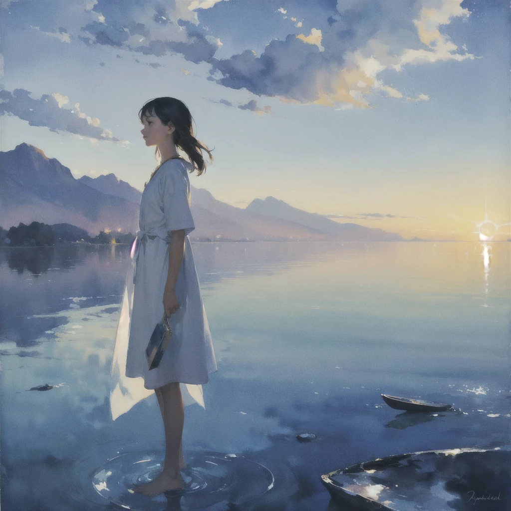 Tranquil voyager girl, Surrealism, Paint in watercolor style, Photorealism