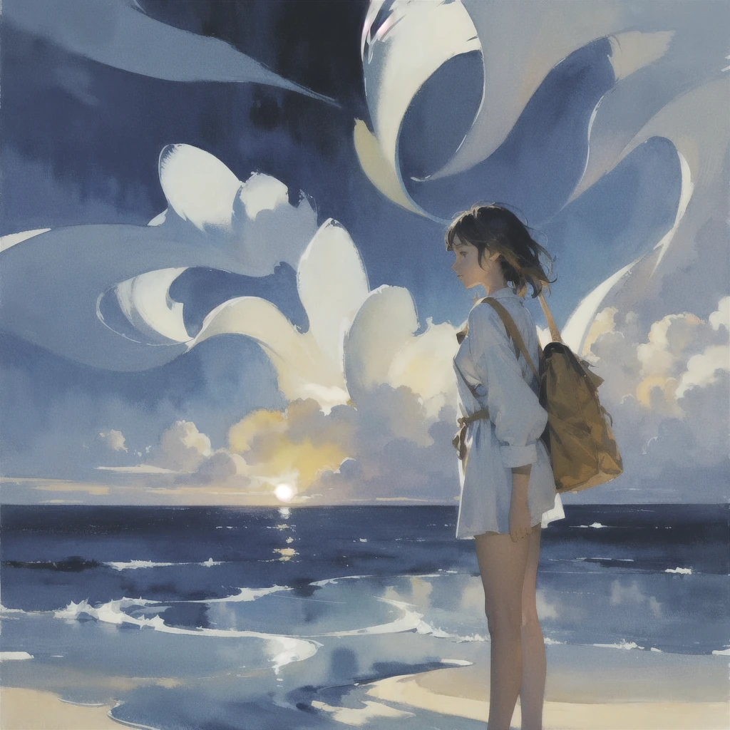 Tranquil voyager girl, Surrealism, Paint in watercolor style, Photorealism