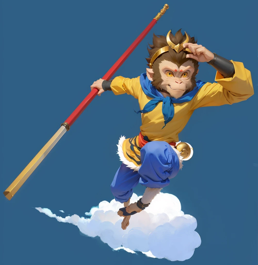 A cartoon image of a monkey holding a pole, sun wukong, wukong, Sun Wukong, Journey to the West, hold head high, avatar hold head high, Inspired by Hu Zaobin, Akira in Chinese mythology, feng shu, girl, Humanoid monkey fantasy race, mana in the air, Smart monkey with long knife