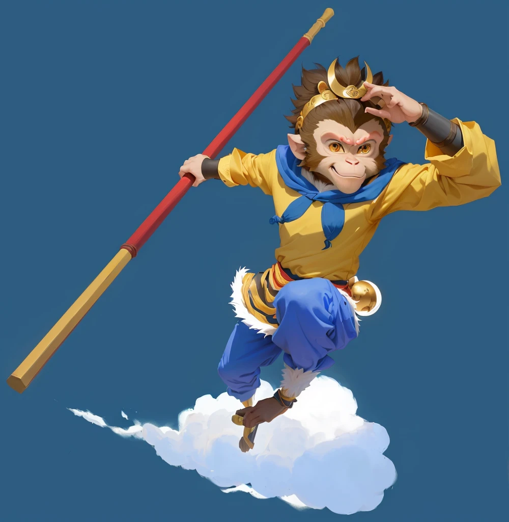 A cartoon image of a monkey holding a pole, sun wukong, wukong, Sun Wukong, Journey to the West, hold head high, avatar hold head high, Inspired by Hu Zaobin, Akira in Chinese mythology, feng shu, girl, Humanoid monkey fantasy race, mana in the air, Smart monkey with long knife