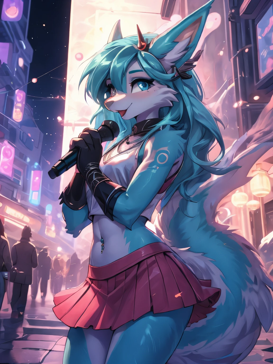 Chica anime,tennage girl 18 years old, anime style, cute hatsune miku x suicune, Chica tímida , Orejas de Kitsune, arte de dark natasha, city landscape, arte de vixen aztra, cuerpo completo, patas hermosas, cintura delgada, caderas amplias, navel white blouse, white&pink skirt, navel piercing, ear piercing, navel tattoo, atrevid pose, back pose, fluffly tail, sensual eyes (la mejor definicion) long hair, black flash, city party, city night life, party girl, idol girl, girl with microphone singing, deep blue eyes (HD), white&pink dress, super mega star idol, aura pura, silueta de luz, silueta radiante de luz dorada, su cuerpo brilla, mekor iluminacion en fotografía, mermaid mini skirt