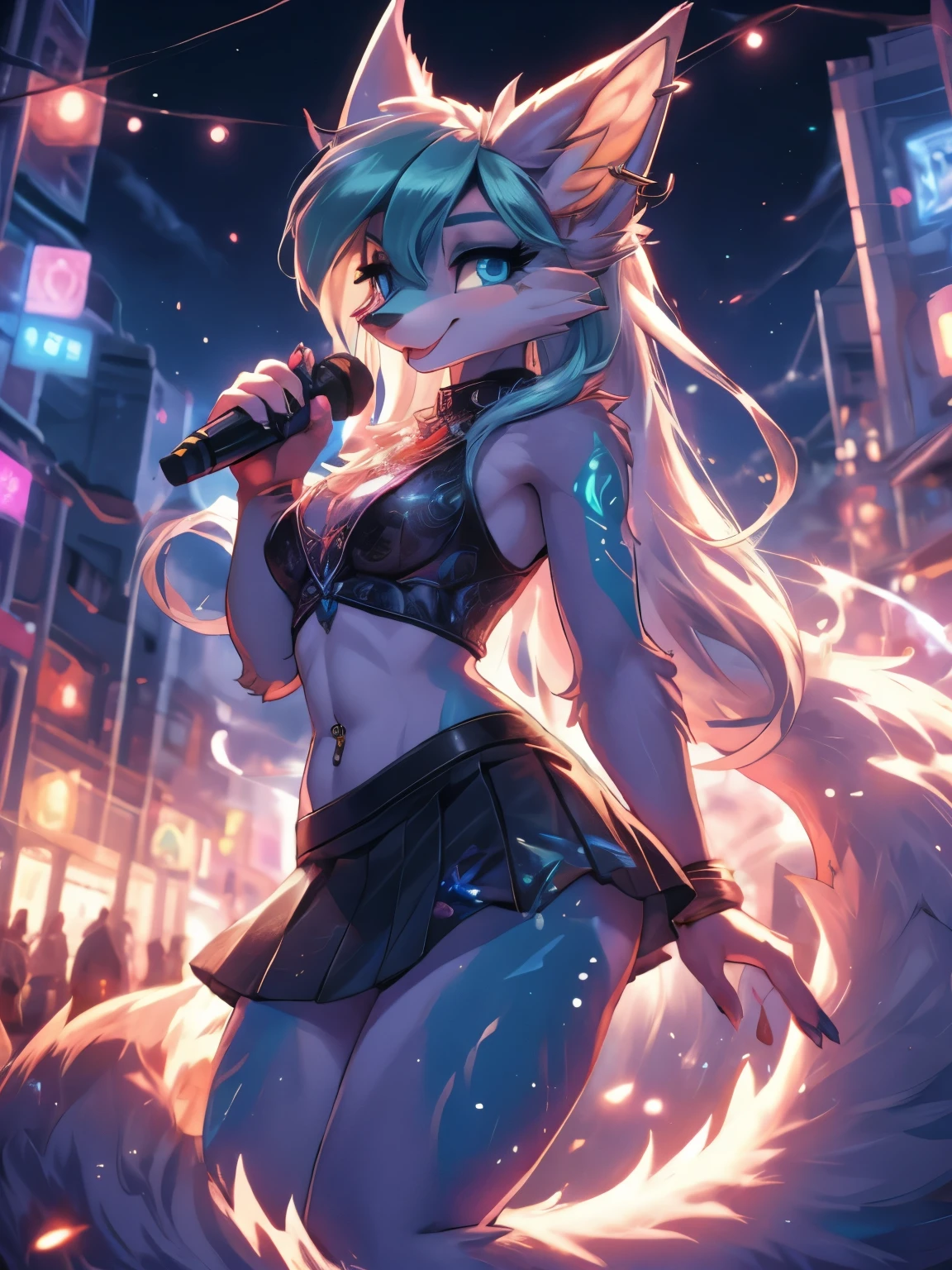 Chica anime,tennage girl 18 years old, anime style, cute hatsune miku x suicune, Chica tímida , Orejas de Kitsune, arte de dark natasha, city landscape, arte de vixen aztra, cuerpo completo, patas hermosas, cintura delgada, caderas amplias, navel white blouse, white&pink skirt, navel piercing, ear piercing, navel tattoo, atrevid pose, back pose, fluffly tail, sensual eyes (la mejor definicion) long hair, black flash, city party, city night life, party girl, idol girl, girl with microphone singing, deep blue eyes (HD), white&pink dress, super mega star idol, aura pura, silueta de luz, silueta radiante de luz dorada, su cuerpo brilla, mekor iluminacion en fotografía, mermaid mini skirt