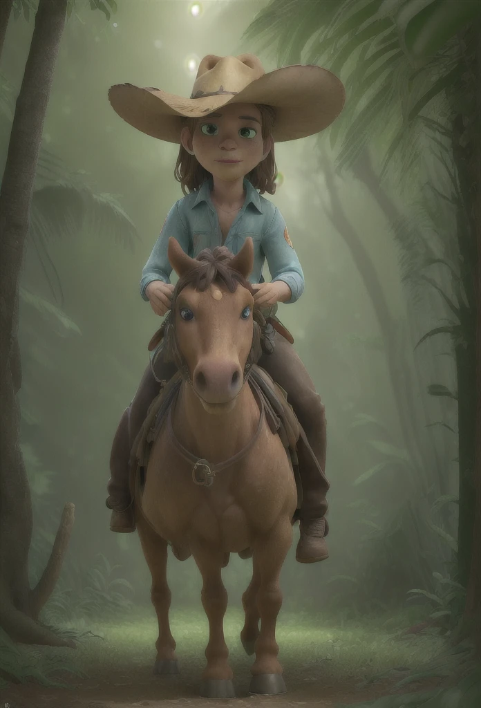 a cowboy riding a horse in a lush jungle, detailed facial features, portrait, (best quality,4k,8k,highres,masterpiece:1.2),ultra-detailed,(realistic,photorealistic,photo-realistic:1.37),cinematic lighting,vibrant colors,dramatic composition,intricate vegetation,dramatic lighting,dramatic shadows,moody atmosphere