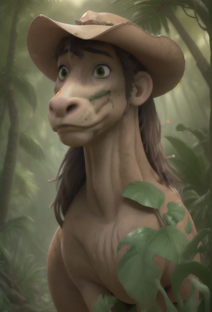 a cowboy riding a horse in a lush jungle, detailed facial features, portrait, (best quality,4k,8k,highres,masterpiece:1.2),ultra-detailed,(realistic,photorealistic,photo-realistic:1.37),cinematic lighting,vibrant colors,dramatic composition,intricate vegetation,dramatic lighting,dramatic shadows,moody atmosphere