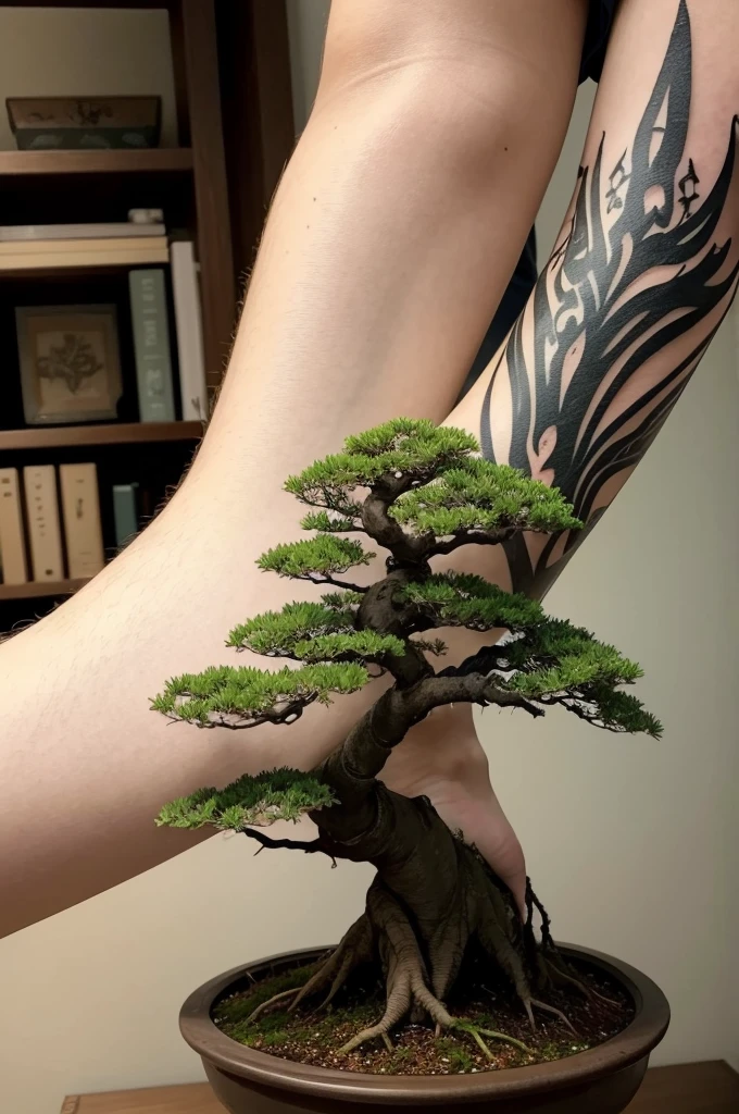 Arm tattoo with large-rooted bonsai in freehand writing + angels