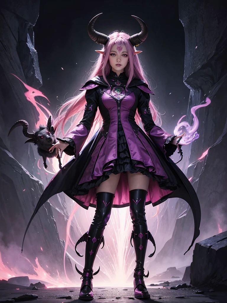 A painting of wayne barlowe about a female and anthropomorphic goat with three eyes, dressed with a dark wizards dress , in purple and pink colors, with black boots. Her horns are curled and red. with whole body
