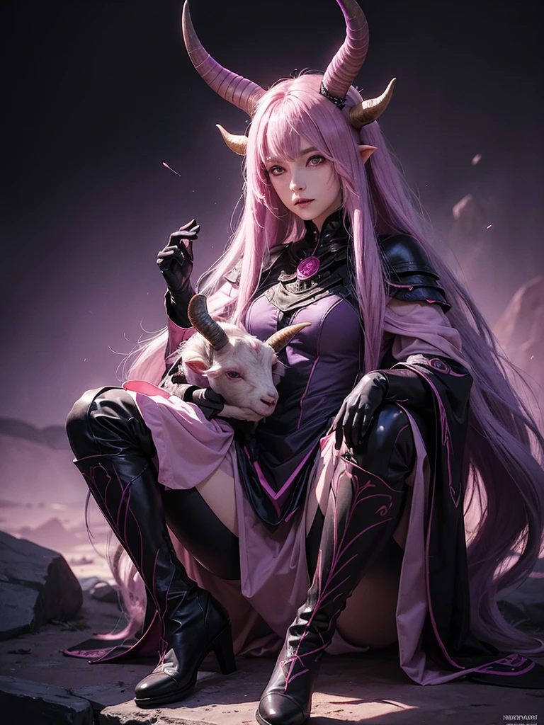 A painting of wayne barlowe about a female and anthropomorphic goat with three eyes, dressed with a dark wizards dress , in purple and pink colors, with black boots. Her horns are curled and red. with whole body