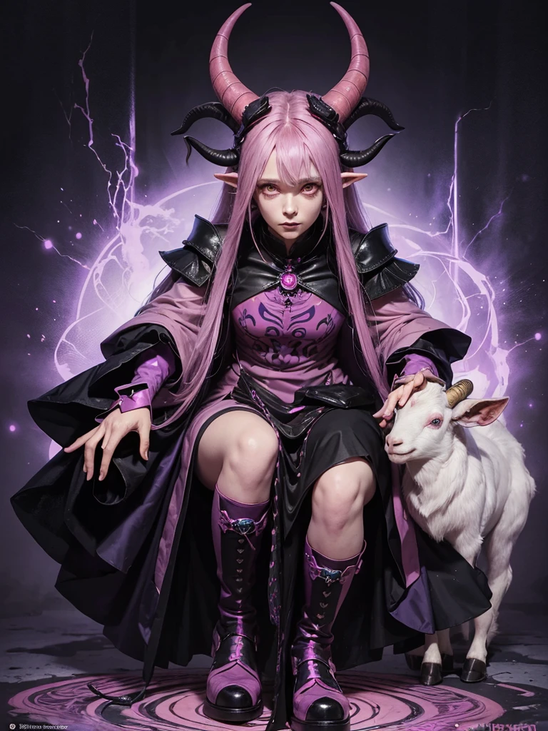 A painting of wayne barlowe about a female and anthropomorphic goat with three eyes, dressed with a dark wizards dress , in purple and pink colors, with black boots. Her horns are curled and red. with whole body