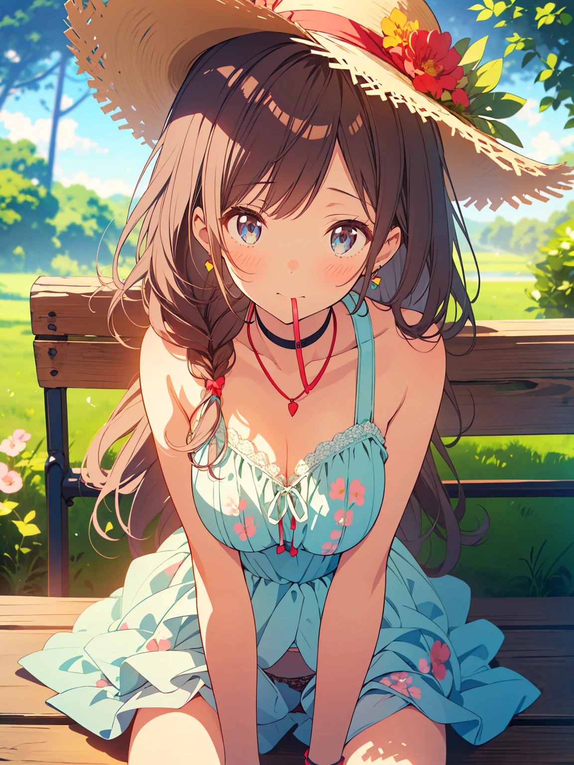 masterpiece, Highest quality, detailed, an extremely delicate and beautiful, High resolution, High resolution, High-definition anime, ( Anime Coloring:1.1), motivated light,( beautiful hair), (beautiful face), photo of Perfect Eyes, Perfect Eyes, Perfectly composed photos, detailed face, detailed eyes,( detailed clothing:1.3),( Perfect hands), Small breasts, Round Breasts,  
壊す
moody angle, Upper Body, 1girl, beautiful (Kogaru Gal) girl,( Money,_hair),hair accessory, jewelry, compensate, bracelet, painted nails, compensate, (big hair), (Updo), Shoulder cutouts, Braiding, dress, brown hair, twin Braidings, blush, long hair, white dress, jewelry, Clothing cutouts, 前hair, necklace, Floral print, Bare shoulders, Straw hat, clavicle, hair bow, Short sleeve, ribbon, Brown hat, hair over shoulder, detailed panties, Panty shot,Break the vibrator 
( like:1.6),( Embarrassing. spike:1.2), blush, Contorting the mouth, very detailed background, Sitting,( Spread your legs:1.2), Day, null, Flower Field, petal,  Park bench, On the bench, Grass, 
