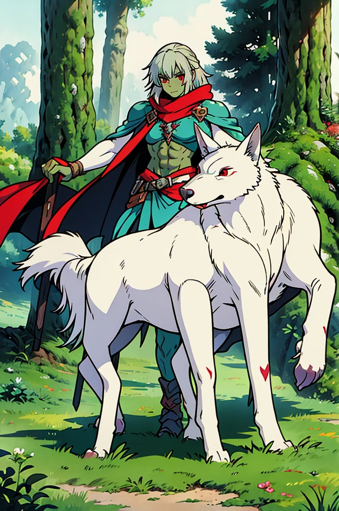 Half-Orc Barbarian, Red Eyes, green skin, silver hair, full body art, perfectly muscles adorneds, wolf skin cape.