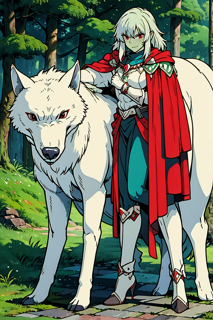 Half-Orc Barbarian, Red Eyes, green skin, silver hair, full body art, perfectly muscles adorneds, wolf skin cape.
