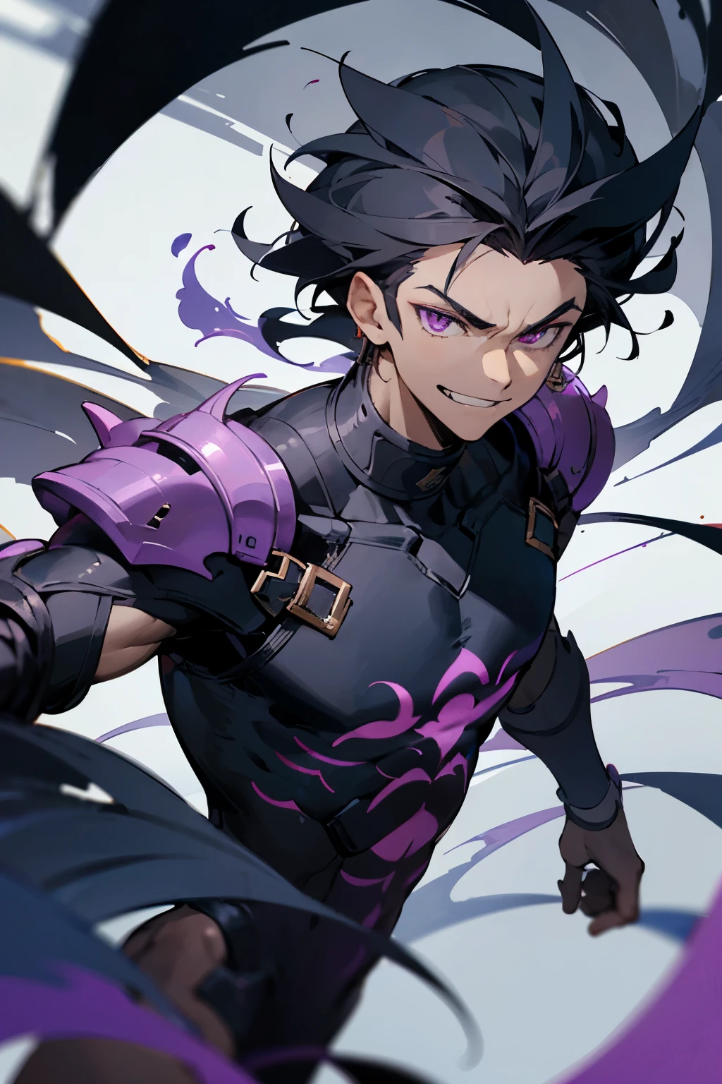((best quality)), ((masterpiece)), (detailed), male, sharp, angular features, dark complexion, teenager, toned body, purple eyes, wild jet-black hair, evil smirk, dark swirling tattoos of void energy across his body, wears a combination of modern clothing and voidkin armor