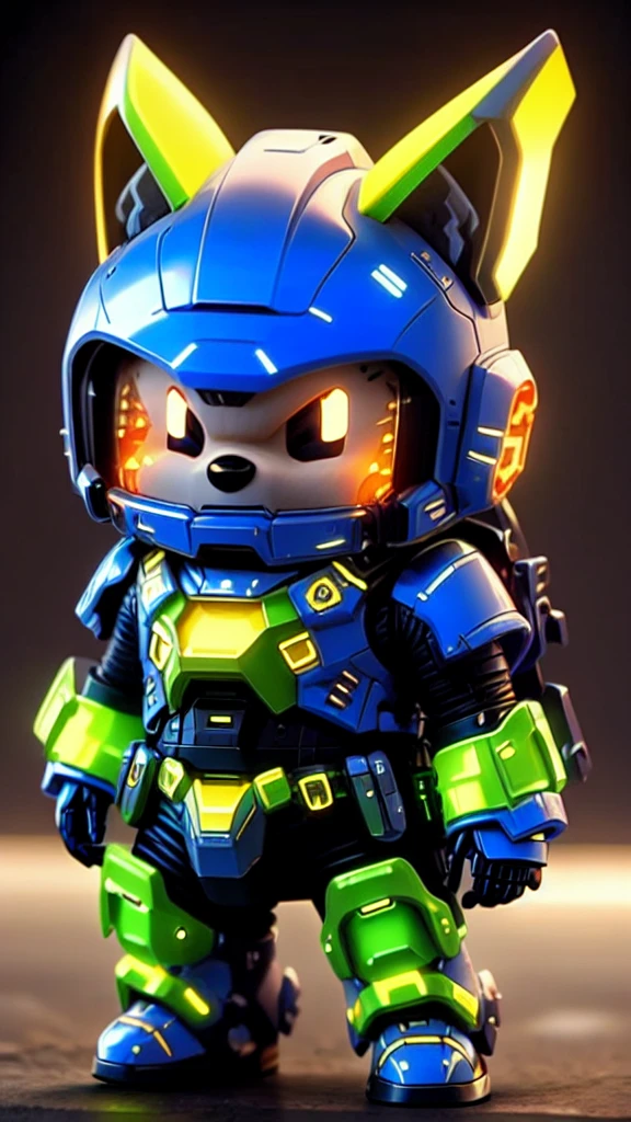 guchen,blue short hair,chibi,black eyes,halo,glowing,Sci-Fi,Animal Ears,Neon Lights,Hyper Real,Photorealistic,16K,high detail,high resolution