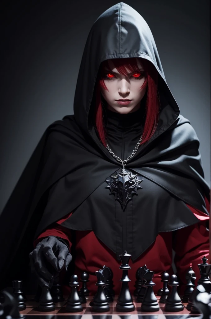 Make an evil being in a black cape with red eyes play chess 