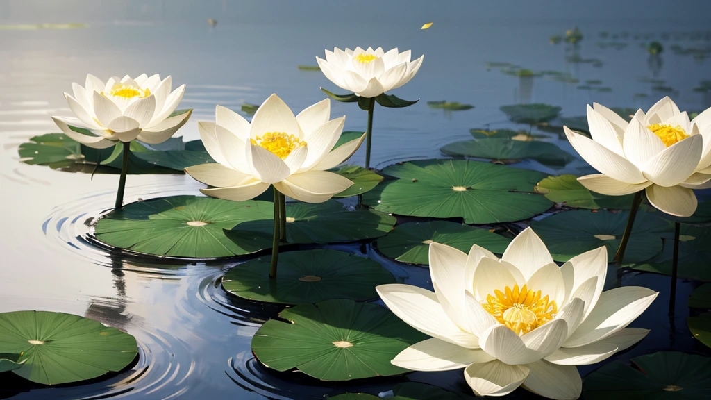 a peaceful landscape with many lotus flowers and lotus leaves. There are at least three lotus flowers in full bloom with white petals and yellow centers, A lotus bud is closed on a long stem, and many large green lotus leaves with clear veins. The backdrop is a color gradient from light to dark gray, suggests a foggy or foggy environment. This photo is interesting because of the pleasant color palette and the symbol of purity and beauty often associated with the lotus. Pretty