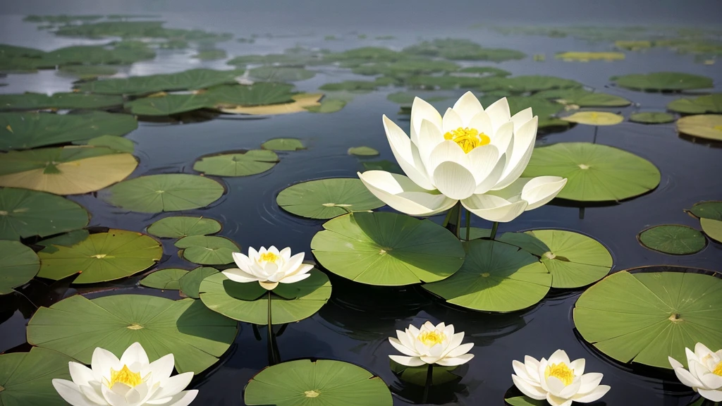 a peaceful landscape with many lotus flowers and lotus leaves. There are at least three lotus flowers in full bloom with white petals and yellow centers, A lotus bud is closed on a long stem, and many large green lotus leaves with clear veins. The backdrop is a color gradient from light to dark gray, suggests a foggy or foggy environment. This photo is interesting because of the pleasant color palette and the symbol of purity and beauty often associated with the lotus. Pretty