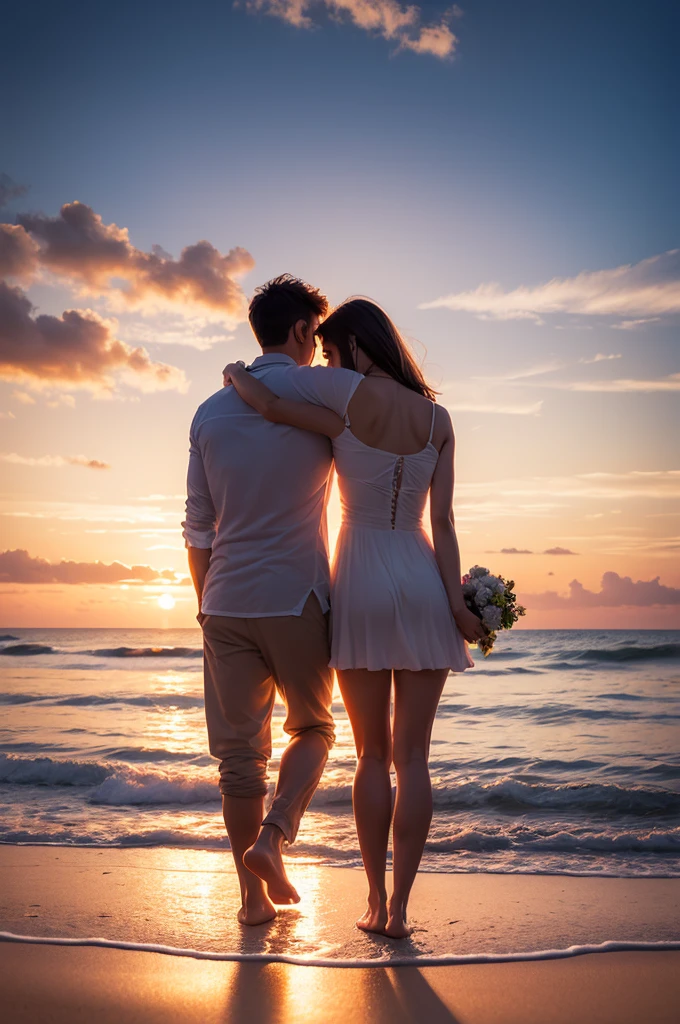 book cover, romance, couple back to back, at beach, sunset