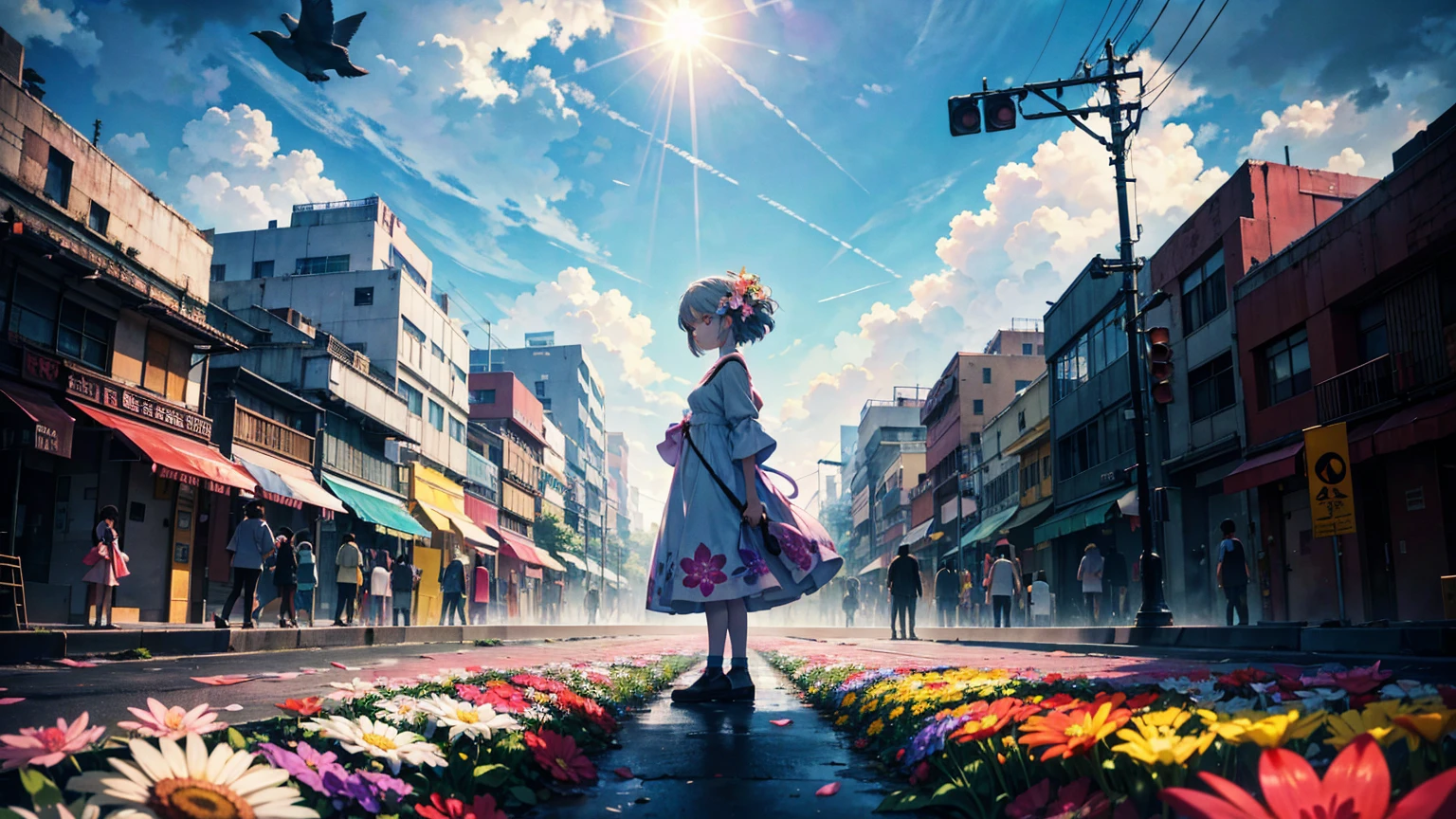 A vibrant flower blooms on the dirty ground of a large gray avenue. A crowd of gray, soulless people crosses the streets. A colorful , glowing with bright hues, stands protectively over the flower, protecting it with her little hands and determined eyes. Sunlight breaks through the dark clouds. Studio Ghibli style