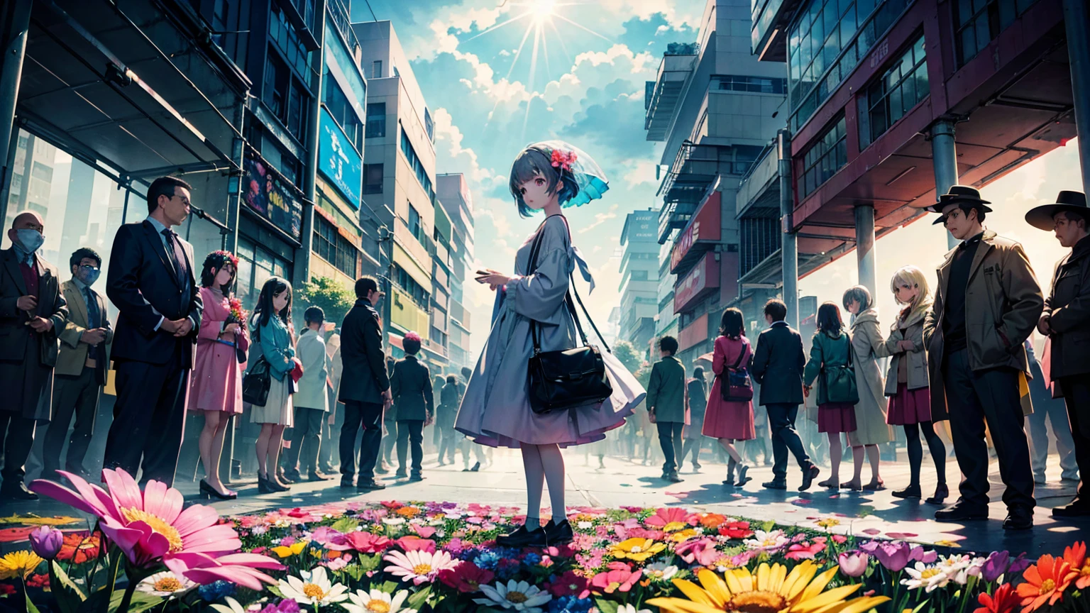 A vibrant flower blooms on the dirty ground of a large gray avenue. A crowd of gray, soulless people crosses the streets. A colorful , glowing with bright hues, stands protectively over the flower, protecting it with her little hands and determined eyes. Sunlight breaks through the dark clouds. Studio Ghibli style