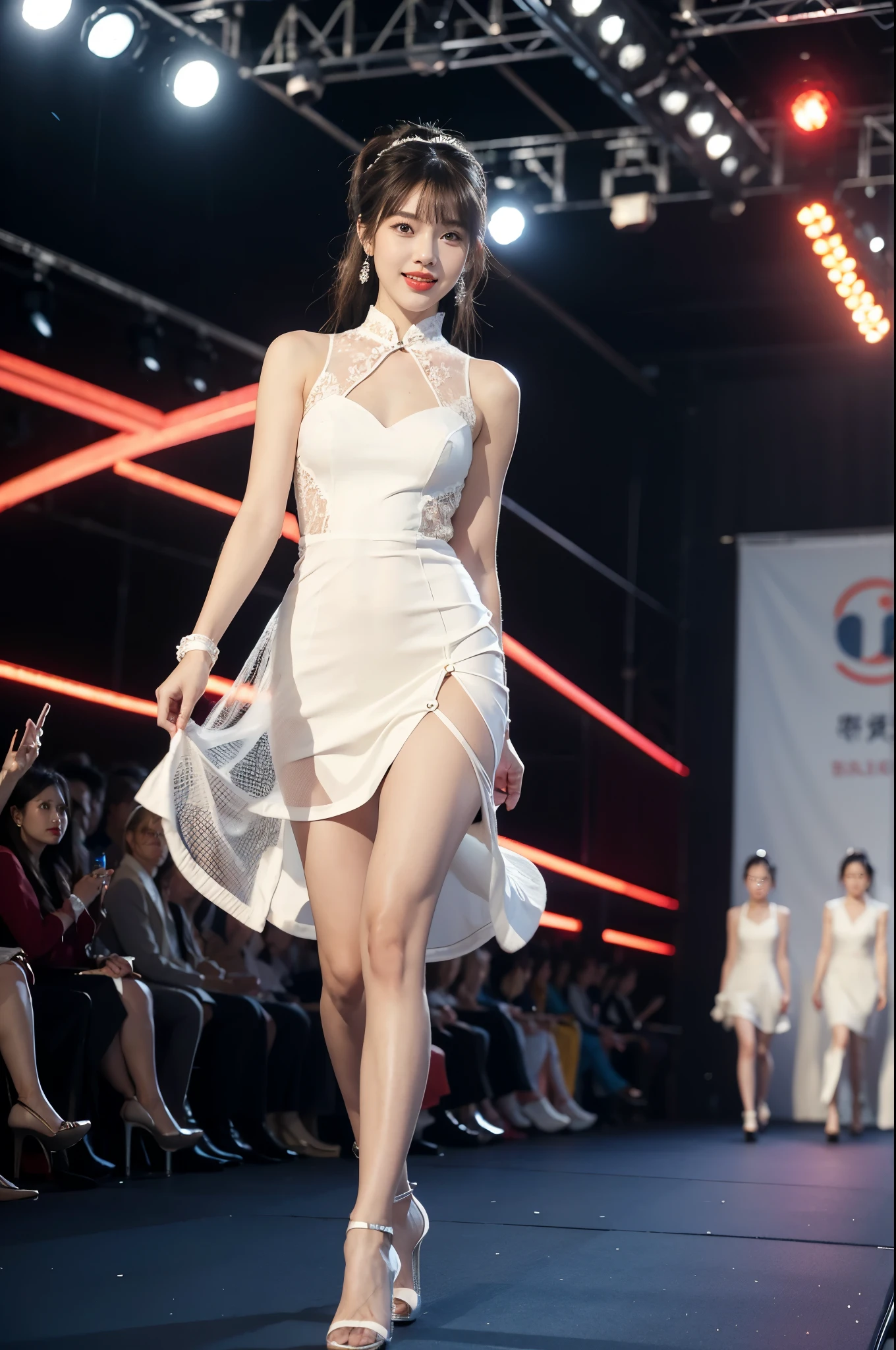 1girl,bangs,bare arms,collar,lace,see through,maxi white cheongsam,detailed background,detailed eyes,brown hair,earrings,upper body,jewelry,slim,flat chest,ponytail,headdress,looking at viewer,makeup,night scene,red lips,signature,laughing,solo,standing,slender legs,pantyhose,high heels,On the T-stage,catwalk,fashion show,Surrounded by crowded crowds on both sides of the stage,neon lights