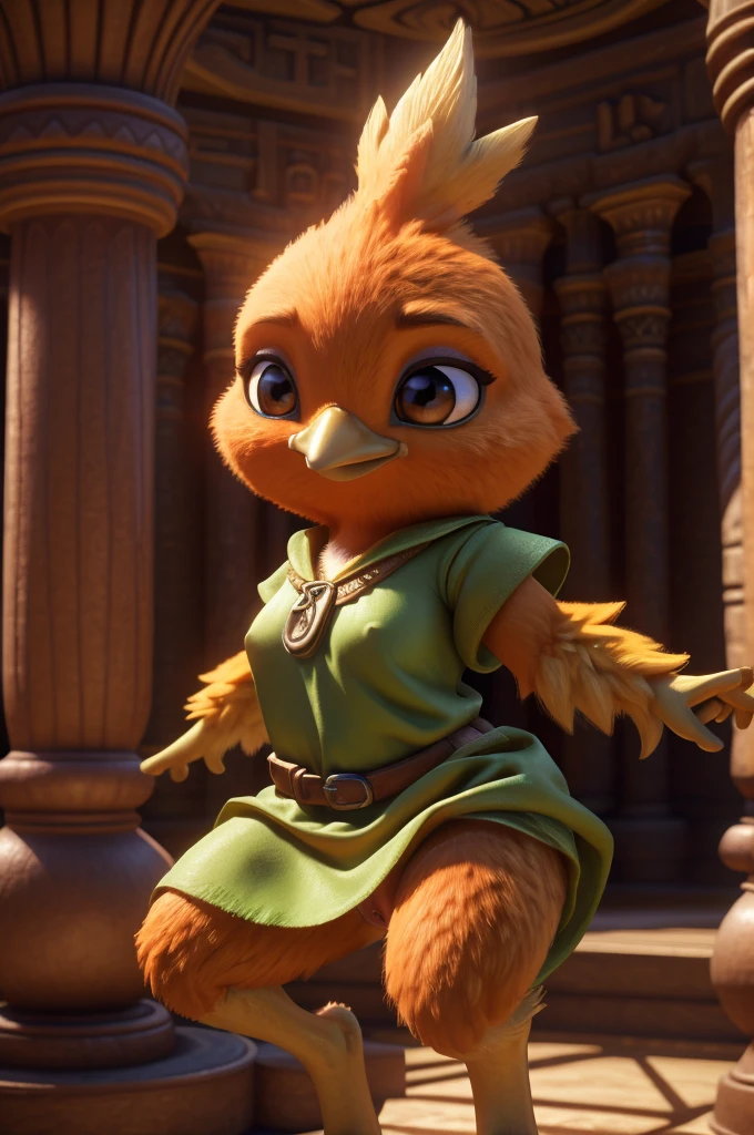 Female , bird, Torchic, background, (cinematic lighting:1.1), (perfect focus:1.1), 8k hd, (detailed eyes:1.2),depth of field, bokeh, subsurface scattering, perfect breasts, wide ,((wearing sexy link tunic, showing her vagina, lifting her tunic)),bright colors, (furry detail:1.3),detailed background, realistic, photorealistic, ultra realistic,(inside the sacred temple of ocarina from zelda's time  ),realistic, photorealistic ,smile cute,(fluffy:1.3), furry, buff, (realistic fur:1.1), (extreme fur detail:1.2),((light orange fur)),(Black pupil, brown eyes,pixar style eyes),Torchic tail,3d pixar legs, with pectorals,brighter colors, and a sexy body. 