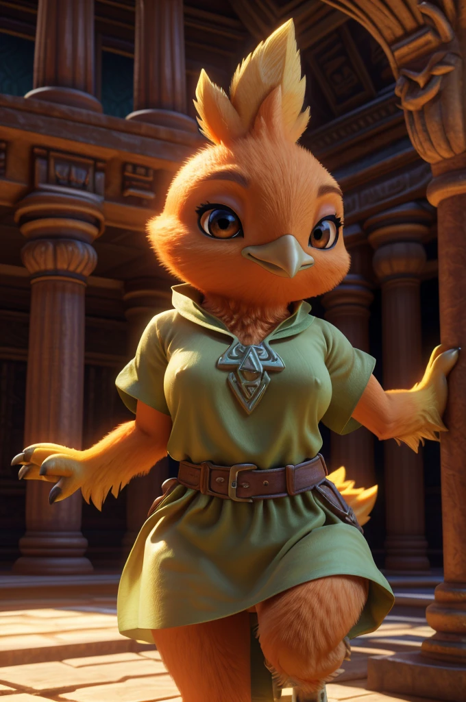 Female , bird, Torchic, background, (cinematic lighting:1.1), (perfect focus:1.1), 8k hd, (detailed eyes:1.2),depth of field, bokeh, subsurface scattering, perfect breasts, wide ,((wearing sexy link tunic, showing her vagina, lifting her tunic)),bright colors, (furry detail:1.3),detailed background, realistic, photorealistic, ultra realistic,(inside the sacred temple of ocarina from zelda's time  ),realistic, photorealistic ,smile cute,(fluffy:1.3), furry, buff, (realistic fur:1.1), (extreme fur detail:1.2),((light orange fur)),(Black pupil, brown eyes,pixar style eyes),Torchic tail,3d pixar legs, with pectorals,brighter colors, and a sexy body. 