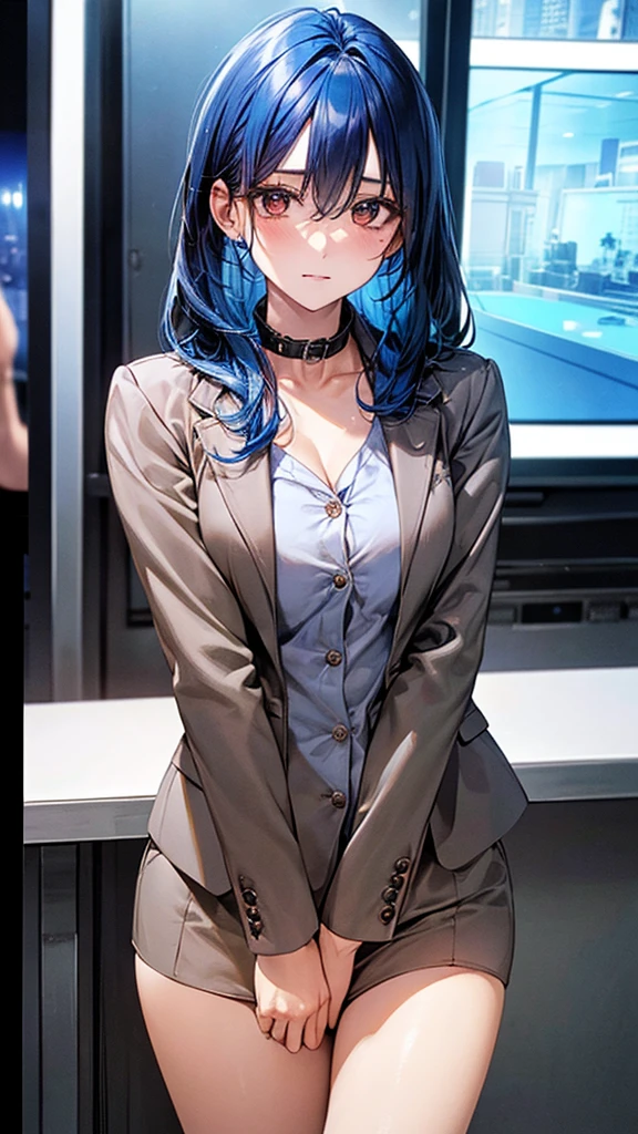 ((Highest quality)), ((High resolution)), ((masterpiece)), (detailed), (photograph), 
View your viewers, Cowboy Shot, Written boundary depth, Anatomically correct, Mature Woman, Perfect Face, Cute and symmetrical face, Shiny skin, 
(Medium Hair, Blue Hair), Hair between the eyes, Chestnut brown eyes, Long eyelashes, (Big Breasts:0.9), 
Beautiful Hair, Beautiful Face, Beautiful details, Beautiful clavicle, Beautiful body, Beautiful breasts, Beautiful thighs, Beautiful legs,
(Button shirt with collar, jacket suit, High heels), news caster, TV program, News Studio, (Calm face), 