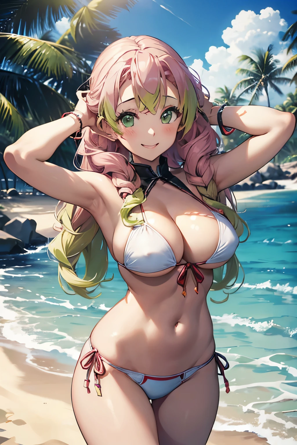 (8K、masterpiece、Highly detailed background、high resolution)、(Mitsuri Kanroji)、Cleavage、(beach、White Bikini、Swim ring、Gravure pose、Embarrassed smile、Nipple protrusion)