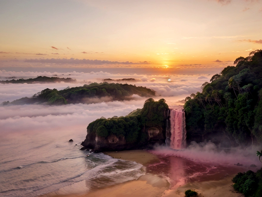 Beautiful photo of a tropical beach at sunrise with pink clouds, some fog, a waterfall, peaceful. Tropical jungle rainforest in the distance