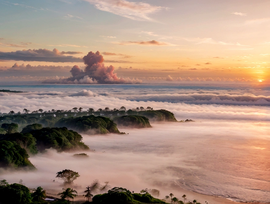 Beautiful photo of a tropical beach at sunrise with pink clouds, some fog, a waterfall, peaceful. Tropical jungle rainforest in the distance 