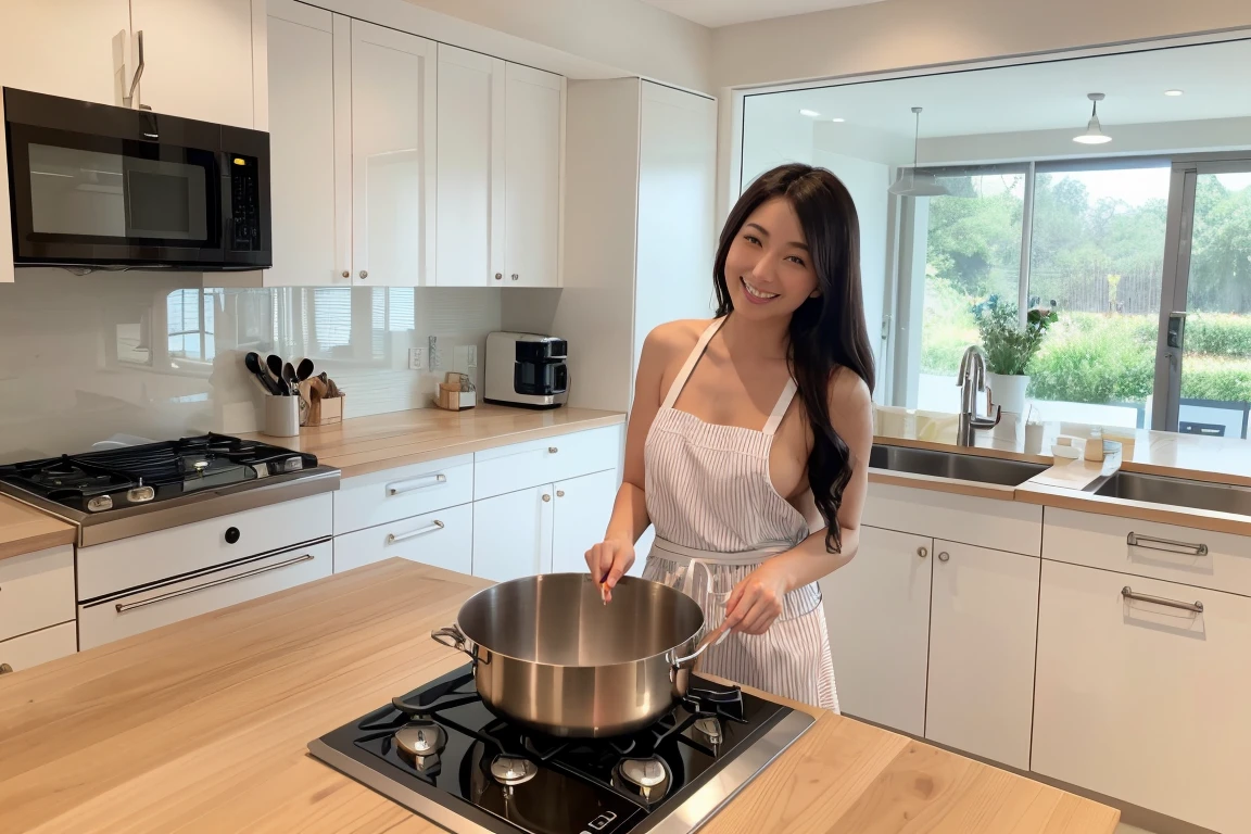 (Tabletop、Highest quality、8K、Award-winning works、Ultra-high resolution)、One beautiful woman、(Wearing the most natural and perfect apron:1.1)、(Naked Apron:1.2)、Long Hair、(Look at me with your best smile:1.1)、(Show off your beautiful teeth and get the best smile possible:1.1)、perfect beautiful teeth、Accentuate your body lines、(Bust up photo:1.1)、(Above the waist photo:1.2)、Big Breasts、(The most natural and practical kitchen:1.1)、(Perfectly organized and clean kitchen:1.1)、(Modern and elegant kitchen:1.1)、(Perfect kitchen with state-of-the-art induction cooktop:1.1)、(Beautiful and unified modern kitchen:1.1)、(very bright:1.2)、(very bright and vivid:1.2)、bright、very bright、that'that'Very vivid、The most vivid、High chroma、Glowing Beautiful Skin、Fresh and beautiful, perfect windows、Ultra-high resolutionのperfect beautiful teeth、(Ultra HD glossy skin:1.1)、(very brightly lit、bright and glowing skin:1.2)、Ultra-high definition sparkling eyes、(Accurate anatomy:1.1)、(The most graceful and perfect posture:1.1)、Big Breasts