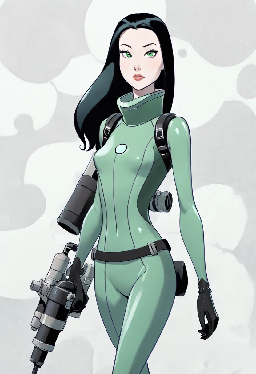 cartoon thin woman, long neck, long black hair, pale green skin, wearing a sci-fi diving suit. she is armed with an arm cannon, on her suit by her waist are some small gray circles 