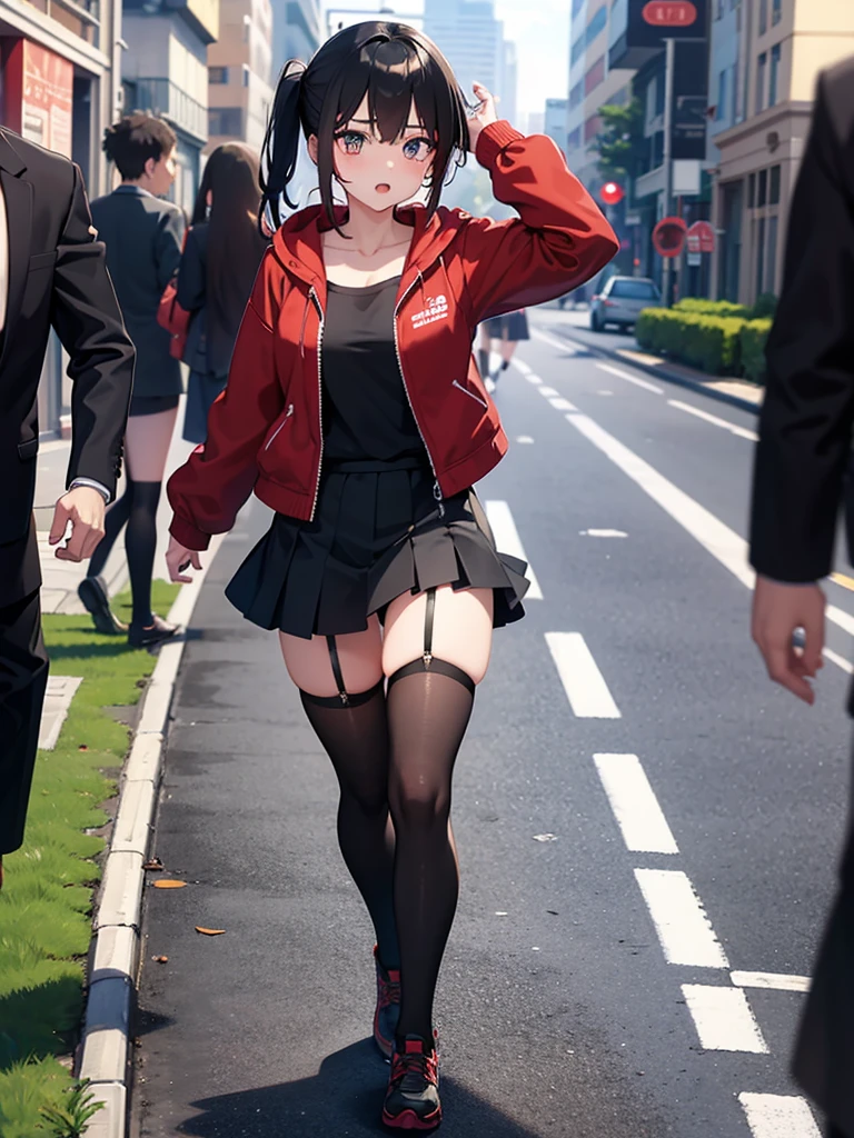 Anime girl, waiting hand, full body, street, embarrased face, Teenagers, black t-shit, red jacket, open jacket, black stocking, black short skirt
