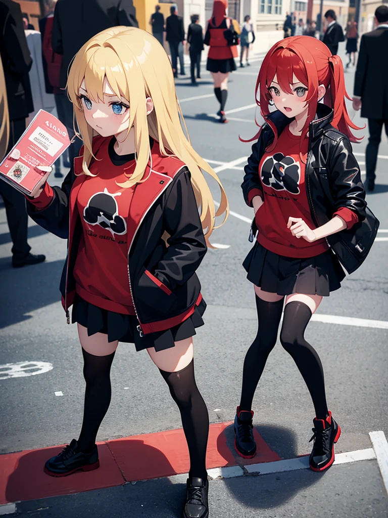 Anime girl, waiting hand, full body, street, embarrased face, agers, black t-shit, red jacket, open jacket, black stocking, black short skirt