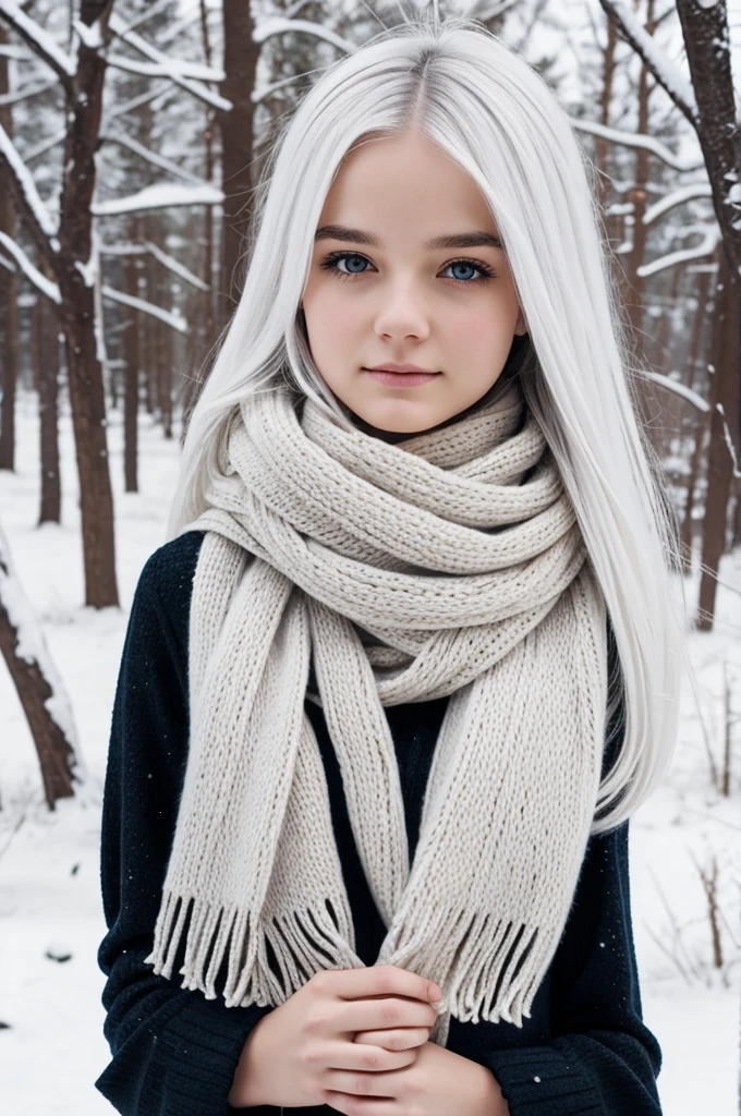 Drawing of a sad, white-haired girl wearing a scarf in winter, long hair