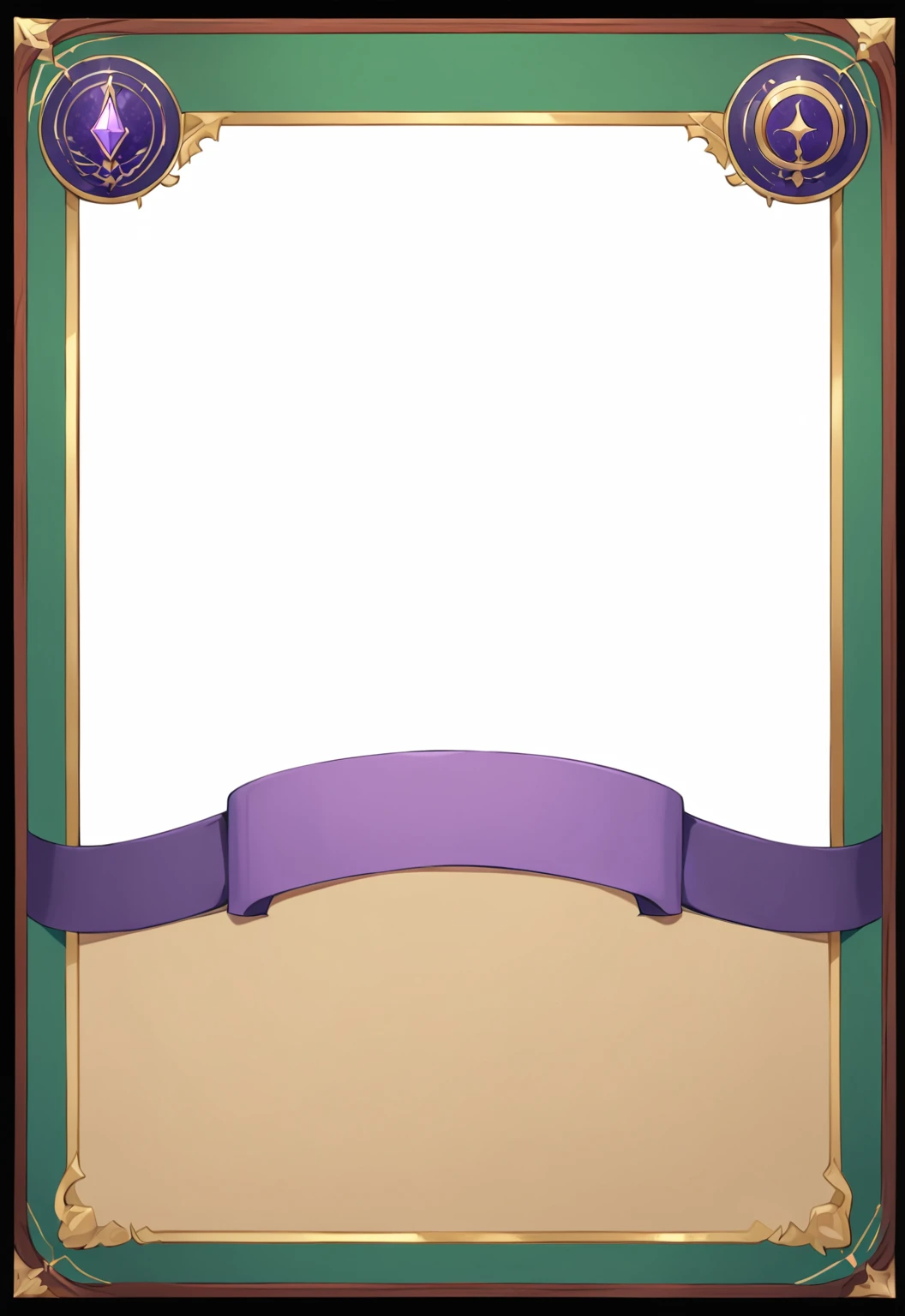 A card border UI，Medieval European aristocracy design，Noble and elegant dark style，There is a lavender ribbon in the middle with the card name.，There is a ruby under the bezel，There are sapphires on the left and right corners.。Redwood frame，Parchment backing，There are blood stains on it。Deep Red、Emerald Green、Gold main tone。