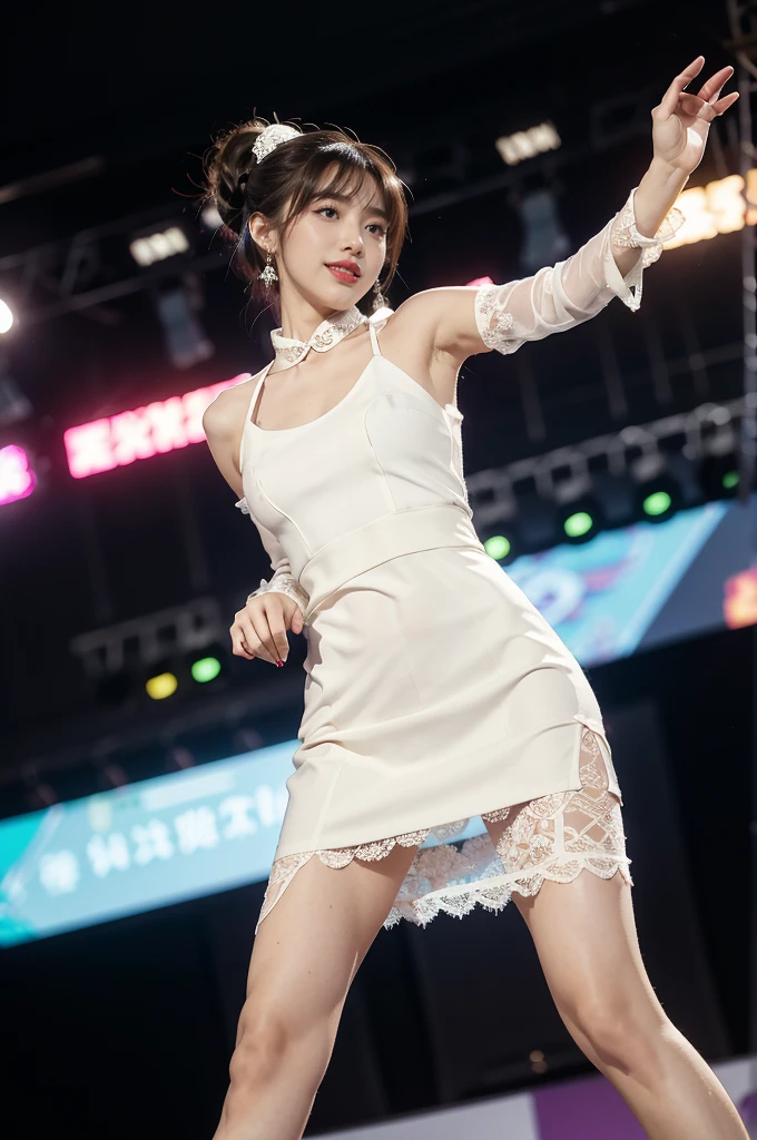 1girl,bangs,bare arms,collar,lace,see through,maxi white cheongsam,detailed background,detailed eyes,brown hair,earrings,upper body,jewelry,slim,flat chest,ponytail,headdress,looking at viewer,makeup,night scene,red lips,signature,laughing,solo,standing,slender legs,pantyhose,high heels,On the T-stage,catwalk,fashion show,Surrounded by crowded crowds on both sides of the stage,neon lights,from front