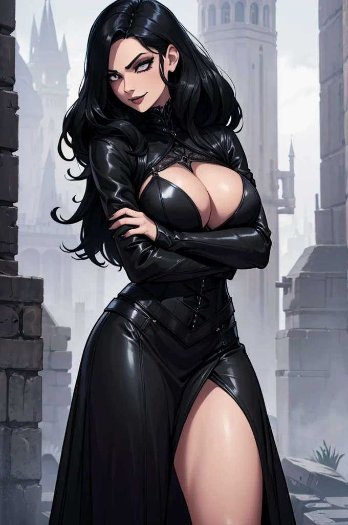 a tall and busty woman in a long black dress,a dark leather corset,long black hair,gothic makeup,goth aesthetic,domineering woman,confident pose,dramatic lighting,cinematic angle,highly detailed,photorealistic,8k,high quality,dangerously seductive smile