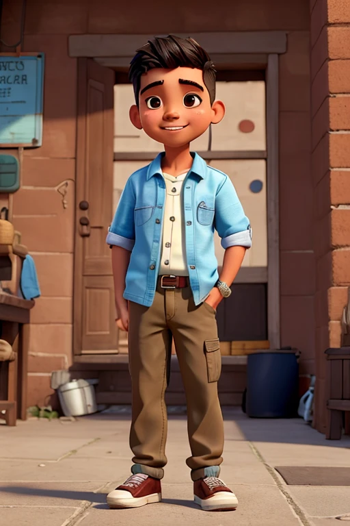 A full-bodied cholo boy who appears to be of a low socioeconomic status, happy