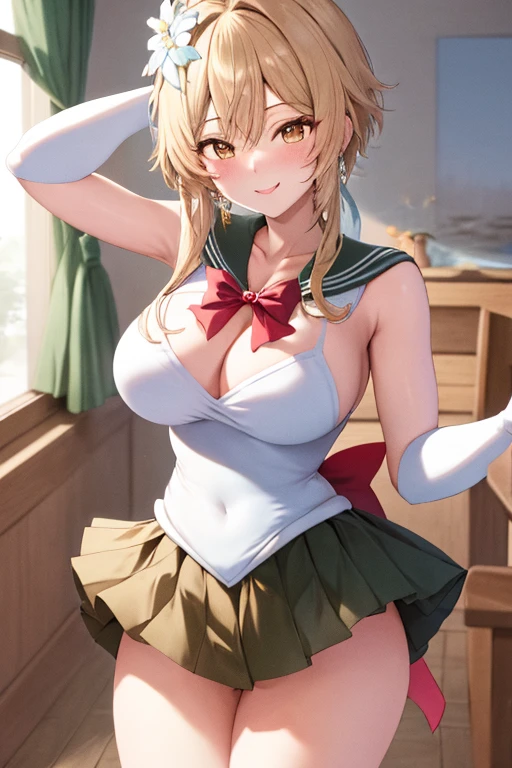 masterpiece, high definition, best quality, rendered art, well formed hands, fingers and body, 1 woman, solo, Lumine, adult, grown up, wearing Sailor Moon's outfit, big breasted, cleavage, full body, sexy sailor senshi uniform, short blue skirt, red boots, gorgeous hips, legs and thighs, white elbow gloves, sailor collar, tiara, earrings, dancing seductively and erotically, shaking her body, wind is lifting her skirt, smiling joyfully and brightly, looking at the viewer, flirting, beach environment