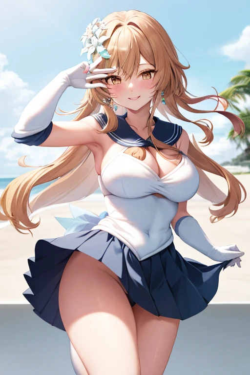 masterpiece, high definition, best quality, rendered art, well formed hands, fingers and body, 1 woman, solo, Lumine, adult, grown up, wearing Sailor Moon's outfit, big breasted, cleavage, full body, sexy sailor senshi uniform, short blue skirt, red boots, gorgeous hips, legs and thighs, white elbow gloves, sailor collar, tiara, earrings, dancing seductively and erotically, shaking her body, wind is lifting her skirt, smiling joyfully and brightly, looking at the viewer, flirting, beach environment